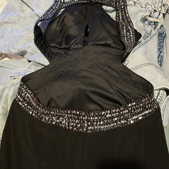Black Embellished Pleated Halter Gown